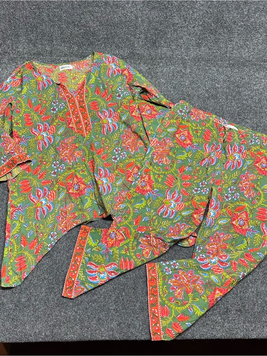 Signature Pants - Boho floral loungewear set cotton maximalist india colorful pajamas natural